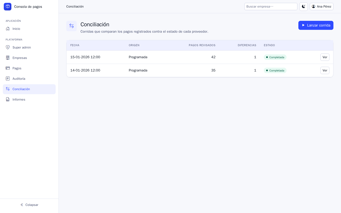 Conciliación, vista de plataforma